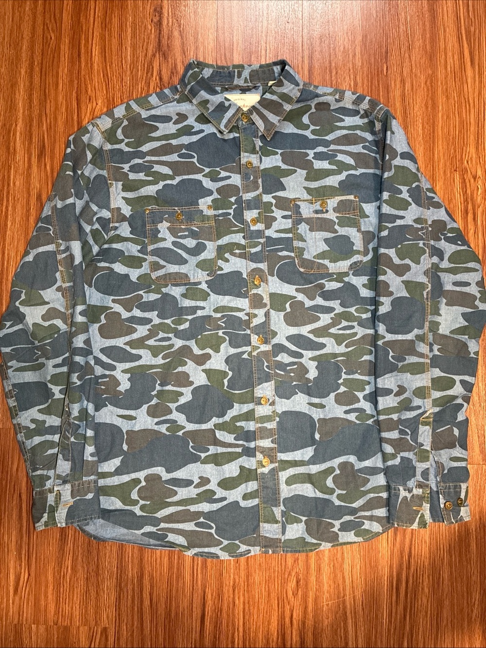 Weatherproof Vintage 1948 Indigo Dyed Camo Bottom Down Shirt Sz XL